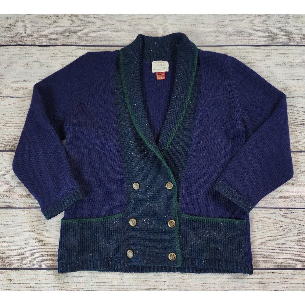Susan Bristol Navy Shetland Wool Sweater Shawl Collar Large Blue Green 90's VTG
